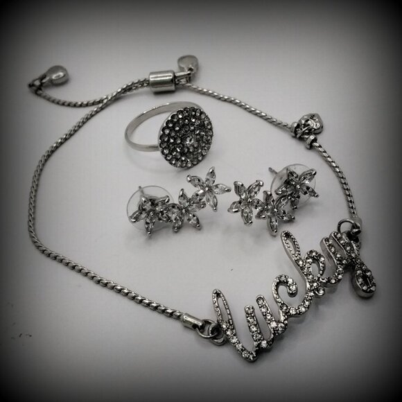Faux Rhinestone & Silver Jewelry Set: Bracelet, Stud Earrings, Boho Dangles - Picture 1 of 3